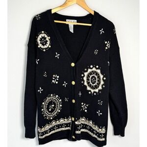 Vintage P Galli Beaded Cardigan Black‎ Gold Women's M/L Loose Beads Flaws